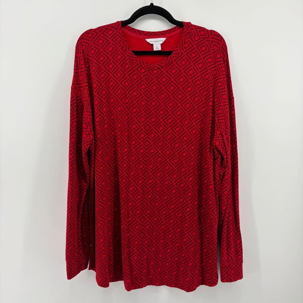 Liz Claiborne Womens‎ XL Red Black Geometric Diamond Long Sleeve Pullover Top